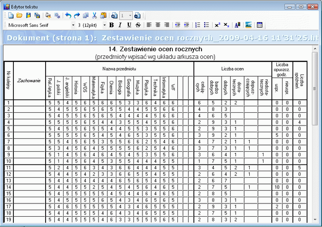 Edytor tekstu_zestawienie ocen rocznych